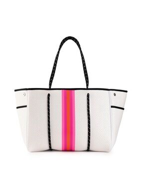 HAUTE SHORE White Neoprene Tote with Pink & Orange Stripes